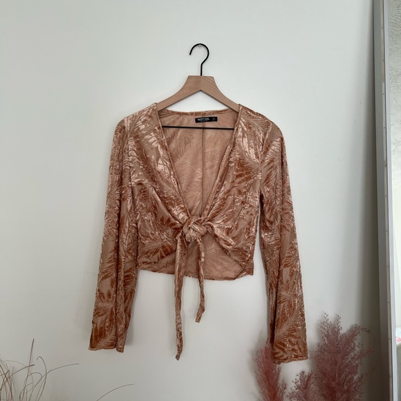 Nasty Gal Crushed Velvet Bell Sleeve Crop Top - Pink - US Size 2 - Picture 2 of 5